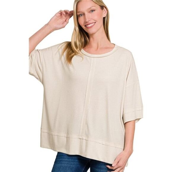 Zenana Ribbed Boat Neck 3/4 Sleeve Top - Picture 1 of 3